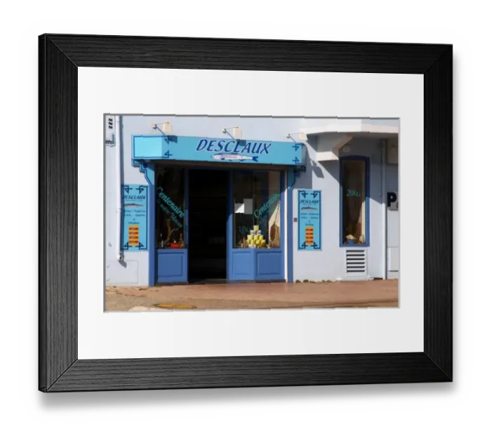 Framed Print : Desclaux Anchois anchovies factory and shop, house painted with advertising in blue and white Framed Print : Desclaux Anchois anchovies factory and shop, house painted with advertising in blue and white