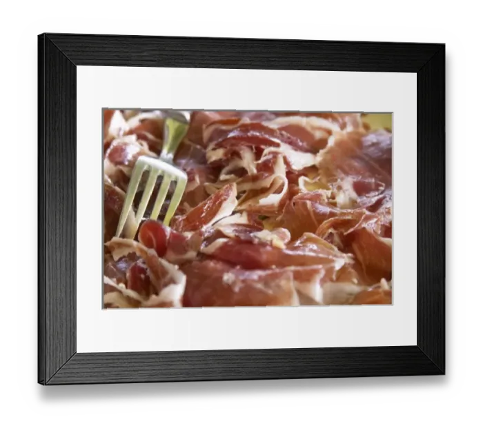 Framed Print : Domaine de Nidoleres. Roussillon. A plate of dry cured ham with a serving fork. France Framed Print : Domaine de Nidoleres. Roussillon. A plate of dry cured ham with a serving fork. France