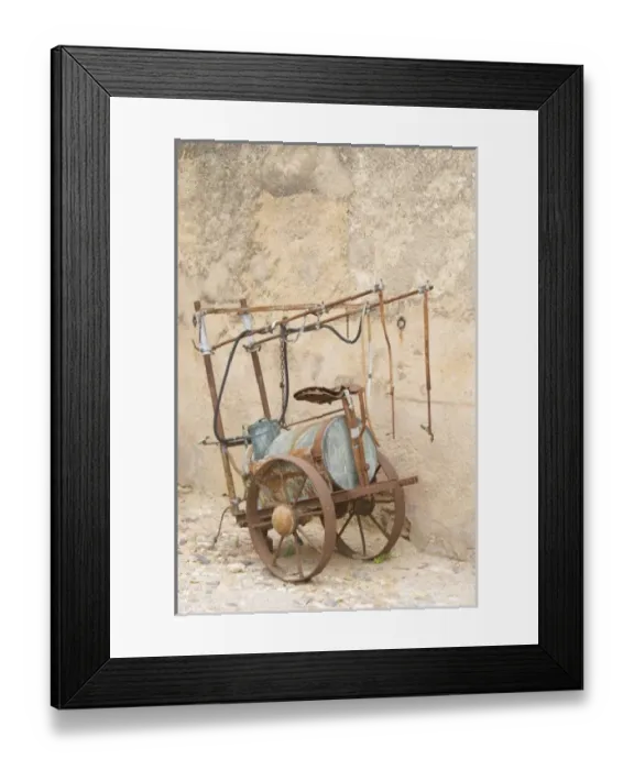 Framed Print : Chateau de Montpezat. Pezenas region. Languedoc. An old horse-drawn spraying cart Framed Print : Chateau de Montpezat. Pezenas region. Languedoc. An old horse-drawn spraying cart