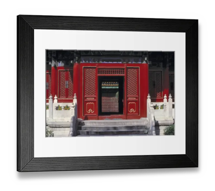 Framed Print : Asia, China, Beijing. White balastrades contrast with this striking red lacquer door Framed Print : Asia, China, Beijing. White balastrades contrast with this striking red lacquer door