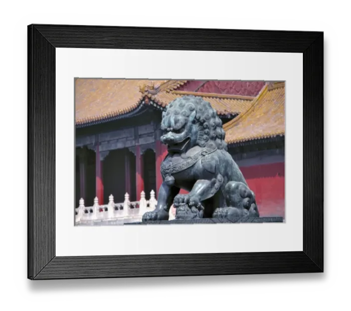 Framed Print : Asia, China, Beijing. A statue of a powerfully-built lion guards the Forbidden City