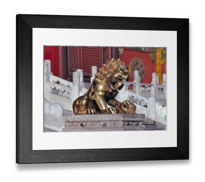 Framed Print : Asia, China, Beijing. A bronze statue of a lion with his paw on a pomegranate guards Framed Print : Asia, China, Beijing. A bronze statue of a lion with his paw on a pomegranate guards