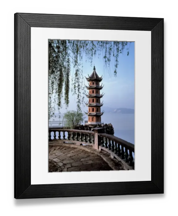 Framed Print : Asia, China, Wuxi. Willow branches frame a miniature pagoda on Lake Tai in Wuxi in China