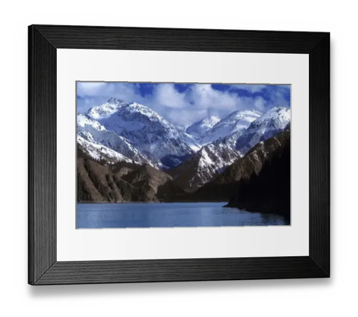Framed Print : China, Xinjiang, Heavenly Lake. Heavenly Lake reflects a blue sky and is surrounded