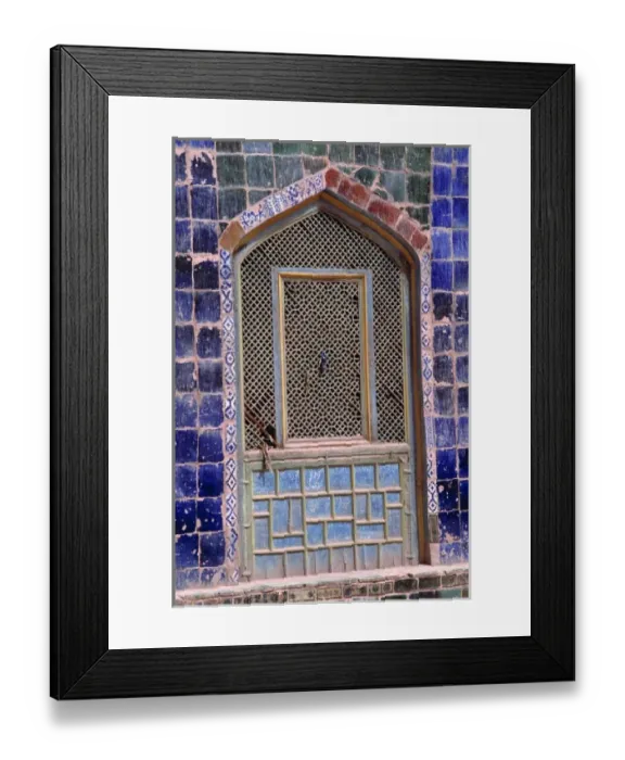 Framed Print : China, Xinjiang, Kashgar. This arched, grilled window is surrounded by lapis