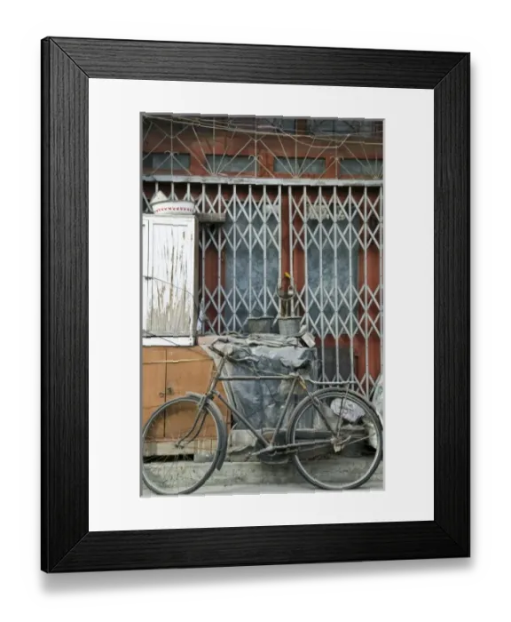 Framed Print : China, Beijing, Dashilar District. Bicycle outside old house Framed Print : China, Beijing, Dashilar District. Bicycle outside old house