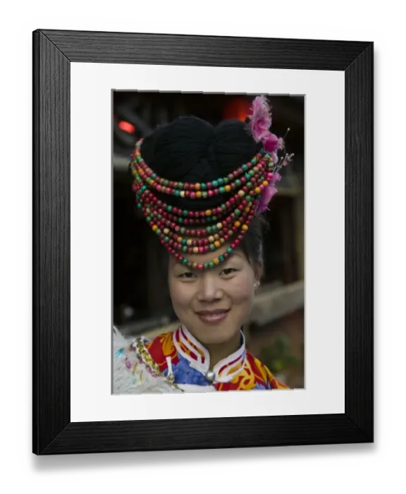 Framed Print : CHINA, Yunnan Province, Lijiang. Old Town, Young Naxi Restaurant Hostess (MR)