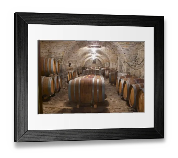 Framed Print : Domaine Cazeneuve in Lauret. Pic St Loup. Languedoc. Barrel cellar. France. Europe