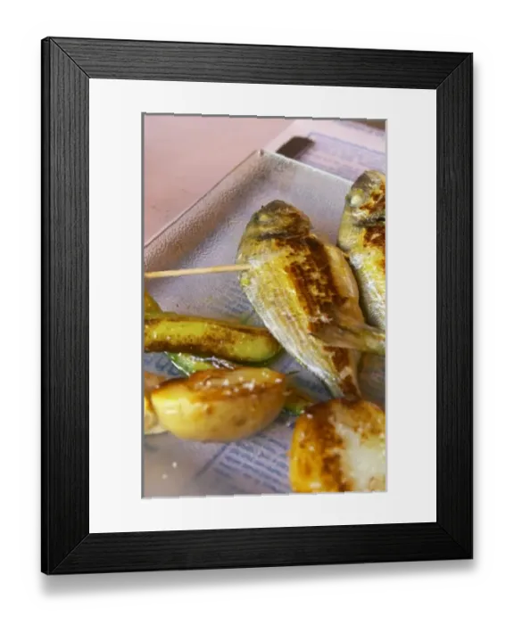 Framed Print : Gruissan village. La Clape. Languedoc. Restaurant La Cranquette. Grilled fried Saucanelles