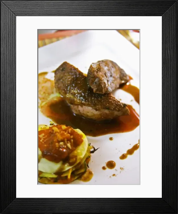 Framed Print : Hotel Residence in Nissan-lez-Enserune La Clape. Languedoc. Canette roti avec lasagne de legumes Framed Print : Hotel Residence in Nissan-lez-Enserune La Clape. Languedoc. Canette roti avec lasagne de legumes