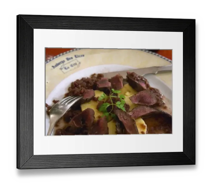 Framed Print : Carcassonne. At the Restaurant Auberge des Lices. Languedoc. Roast deer with polenta in a red wine