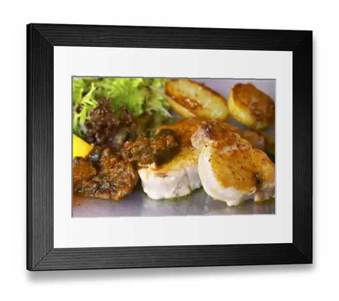 Framed Print : Gruissan village. La Clape. Languedoc. Restaurant La Cranquette. Tuna fish with potatoes and salad Framed Print : Gruissan village. La Clape. Languedoc. Restaurant La Cranquette. Tuna fish with potatoes and salad
