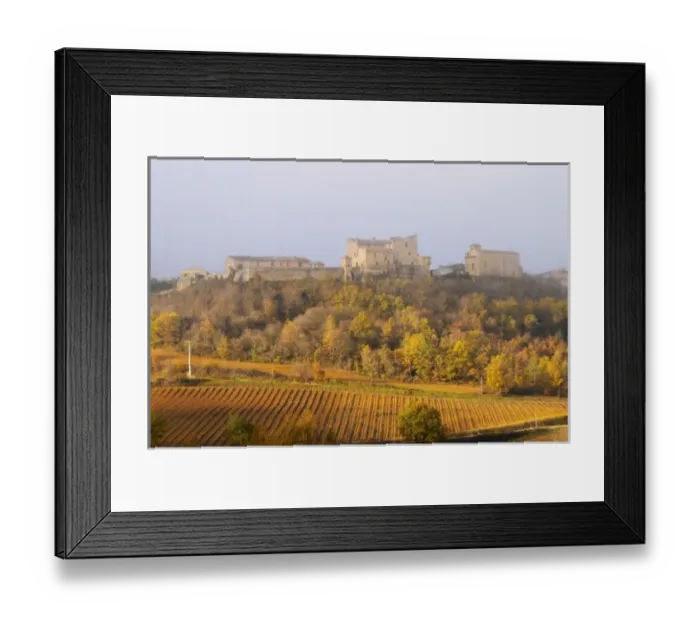 Framed Print : Roquetaillade hilltop village. Limoux. Languedoc. An early winter morning with mist
