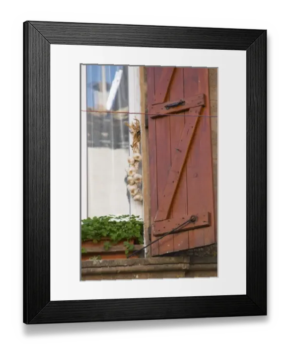 Framed Print : Gruissan village. La Clape. Languedoc. Window. String of garlic hanging in a window to dry Framed Print : Gruissan village. La Clape. Languedoc. Window. String of garlic hanging in a window to dry