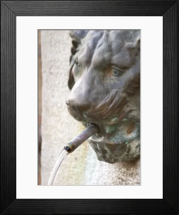 Framed Print : fountain spout with water on a lions head. Chateau Villerambert-Julien near Caunes-Minervois Framed Print : fountain spout with water on a lions head. Chateau Villerambert-Julien near Caunes-Minervois