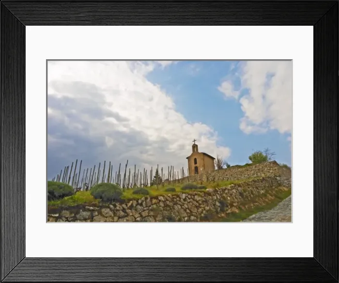 Framed Print : The Hermitage chapel on top of the hill. Tain-laiHermitage, stone terraced. Sometimes