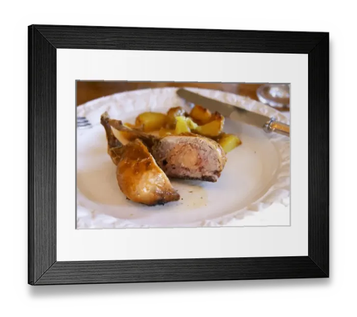 Framed Print : Chateau Rives-Blanques. Limoux. Languedoc. Roast grilled quail stuffed with foie Framed Print : Chateau Rives-Blanques. Limoux. Languedoc. Roast grilled quail stuffed with foie