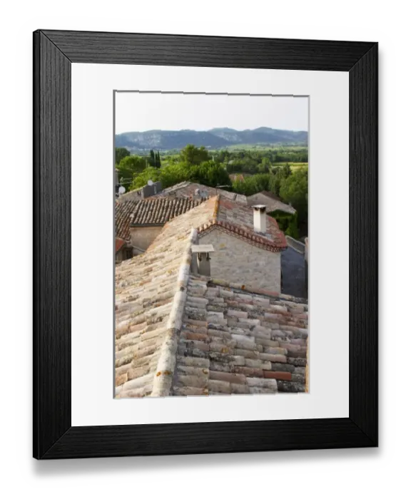 Framed Print : Chateau de Lascaux, Vacquieres village. Pic St Loup. Languedoc. Village roof tops with tiles Framed Print : Chateau de Lascaux, Vacquieres village. Pic St Loup. Languedoc. Village roof tops with tiles