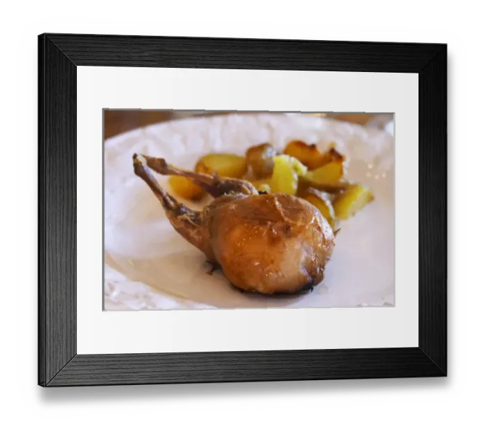 Framed Print : Chateau Rives-Blanques. Limoux. Languedoc. Roast grilled quail stuffed with foie Framed Print : Chateau Rives-Blanques. Limoux. Languedoc. Roast grilled quail stuffed with foie