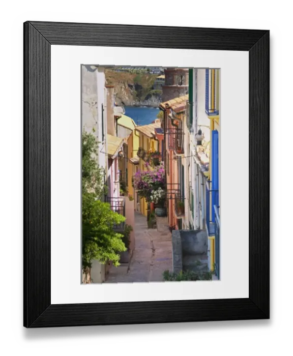 Framed Print : A narrow street in the old town. Collioure. Roussillon. France. Europe. Colourful houses