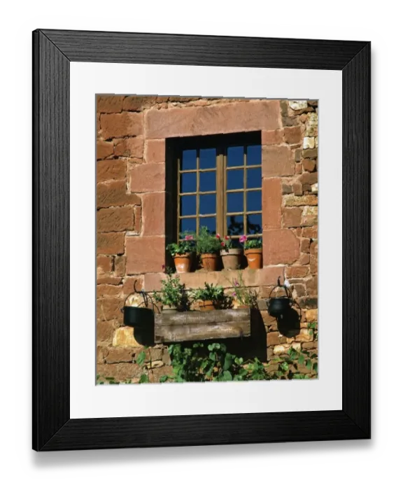 Framed Print : Europe, France, Collognes-la-Rouge. Colorful flower pots adorn a window in this home Framed Print : Europe, France, Collognes-la-Rouge. Colorful flower pots adorn a window in this home