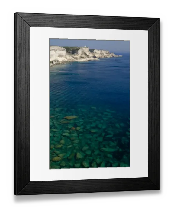 Framed Print : France, Corsica. View of white limestone cliffs and clear water of Mediterrean Sea from Bonifacio