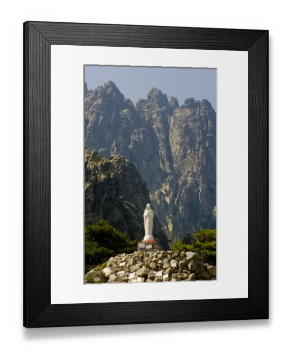 Framed Print : France, Corsica. Shrine to Our Lady of the Snows at Col de Bavella below pinnacles