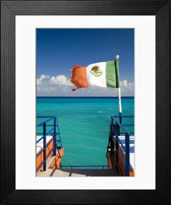 Framed Print : North America, Mexico, Quintana Roo, Cozumel. The Mexican flag flying off the stern