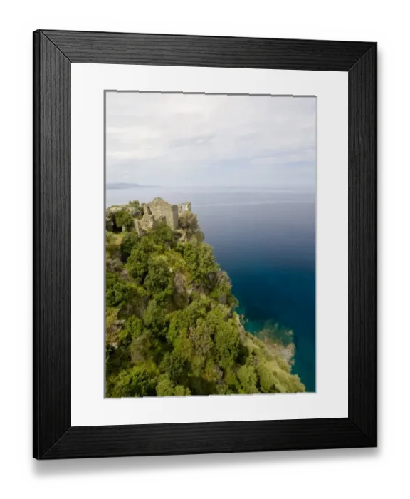 Framed Print : France, Corsica. Ruins of Genoese Tower above Mediterreanean Sea at village of Nonza Framed Print : France, Corsica. Ruins of Genoese Tower above Mediterreanean Sea at village of Nonza