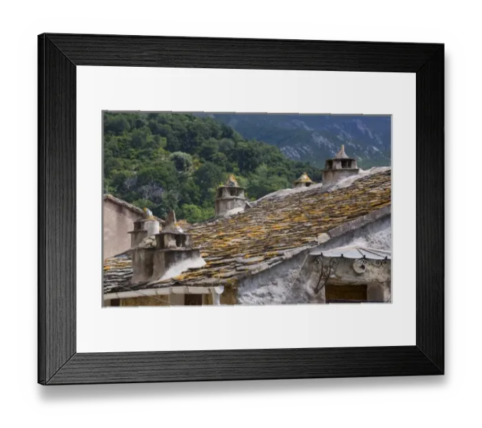 Framed Print : France, Corsica. Slate roof and hand-molded chimneys on house in village of Oletta