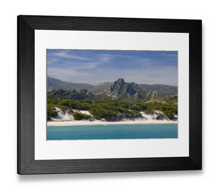 Framed Print : France, Corsica. White sand and clear water at Saleccio Beach below rugged terrain Framed Print : France, Corsica. White sand and clear water at Saleccio Beach below rugged terrain