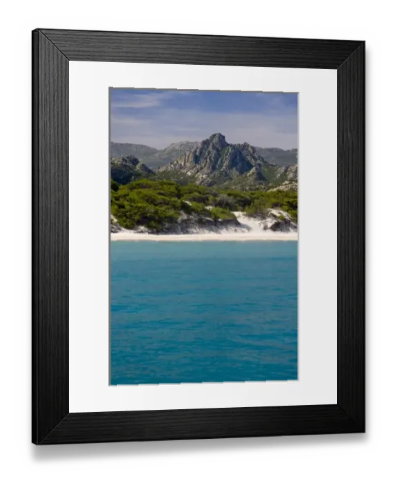 Framed Print : France, Corsica. White sand and clear water at Saleccio Beach below rugged terrain of DA Framed Print : France, Corsica. White sand and clear water at Saleccio Beach below rugged terrain of DA
