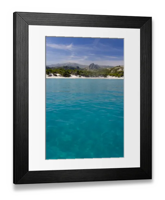 Framed Print : France, Corsica. Clear water and white sand at Saleccio Beach below rugged terrain of DA