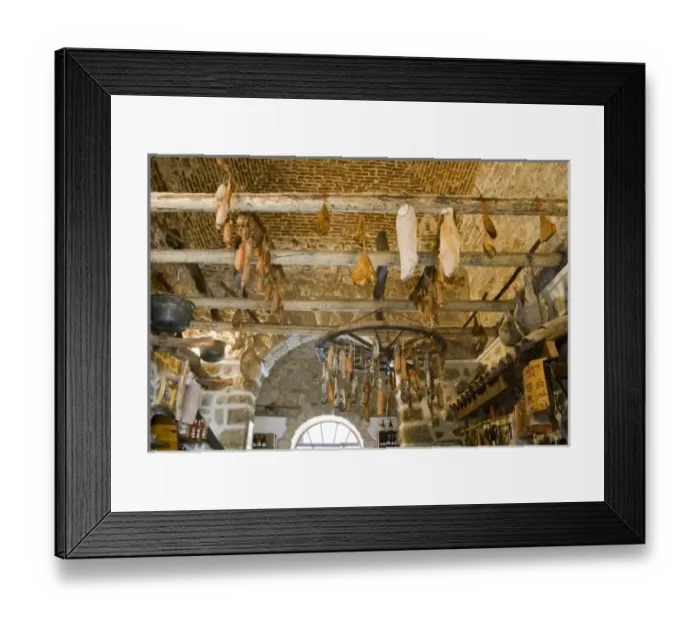 Framed Print : France, Corsica. Inside a charcuterie, a shop selling cured meats. Sartene Framed Print : France, Corsica. Inside a charcuterie, a shop selling cured meats. Sartene