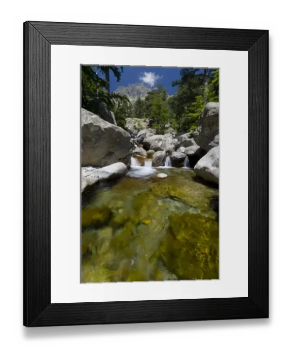 Framed Print : France, Corsica. Pool of clear water and granite below forest of beech and laricio Framed Print : France, Corsica. Pool of clear water and granite below forest of beech and laricio