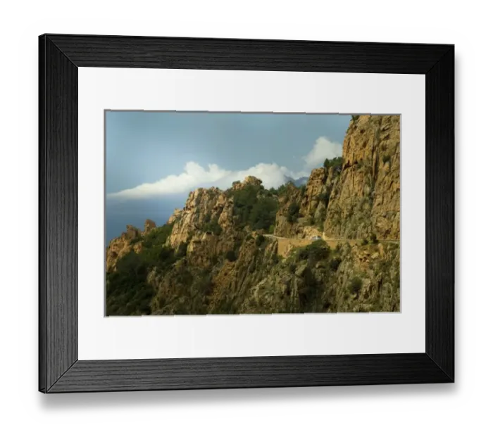 Framed Print : Europe, France, Corsica, Piana. Narrow road hugs cliffs of Les Calanches between Piana and Porto Framed Print : Europe, France, Corsica, Piana. Narrow road hugs cliffs of Les Calanches between Piana and Porto