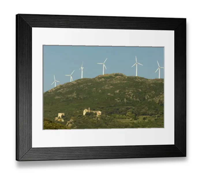 Framed Print : Europe, France, Corsica, Maccinagio. Blend of old and new with modern windpower turbines
