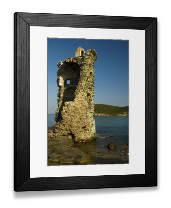 Framed Print : Europe, France, Corsica, Cap Corse. Decaying 16th century Genoan watchtower set in