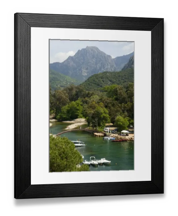 Framed Print : Europe, France, Corsica, Porto. Harbor and campground. Footbridge links to hotels Framed Print : Europe, France, Corsica, Porto. Harbor and campground. Footbridge links to hotels