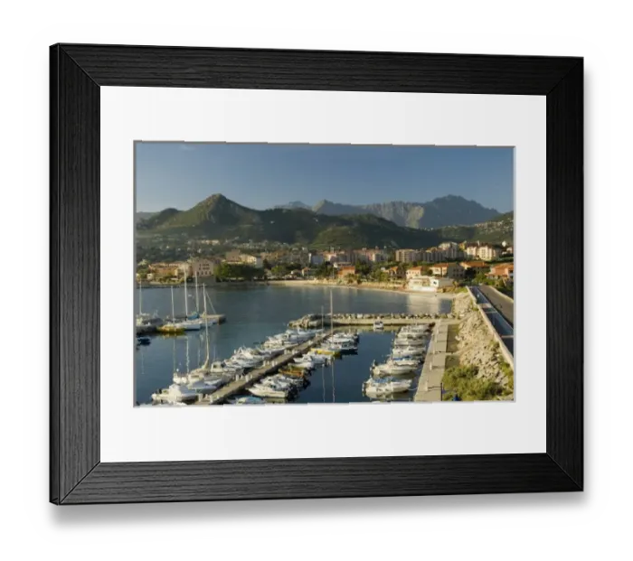 Framed Print : Europe, France, Corsica, Ile Rousse. Harbor viewed from trail to lighthouse Framed Print : Europe, France, Corsica, Ile Rousse. Harbor viewed from trail to lighthouse