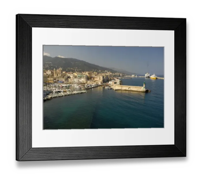 Framed Print : Europe, France, Corsica, Bastia. Vieux Port and St Nicholas Harbor visible from ramparts