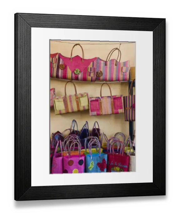 Framed Print : France, Reunion Island, St-Pierre, Covered Market, Reunion-made bags for sale Framed Print : France, Reunion Island, St-Pierre, Covered Market, Reunion-made bags for sale