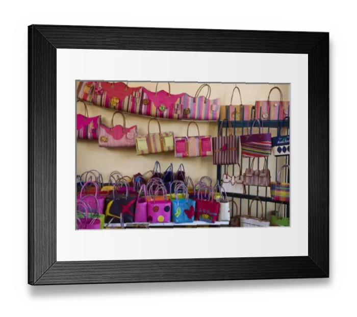 Framed Print : France, Reunion Island, St-Pierre, Covered Market, Reunion-made bags for sale Framed Print : France, Reunion Island, St-Pierre, Covered Market, Reunion-made bags for sale