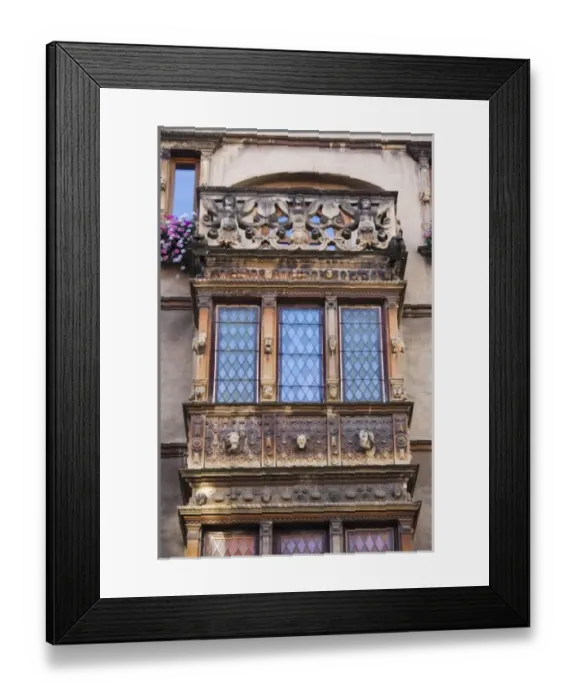 Framed Print : France, Haut-Rhin, Alsace Region, Alsatian Wine Route, Colmar, Maison des Tetes, detail Framed Print : France, Haut-Rhin, Alsace Region, Alsatian Wine Route, Colmar, Maison des Tetes, detail