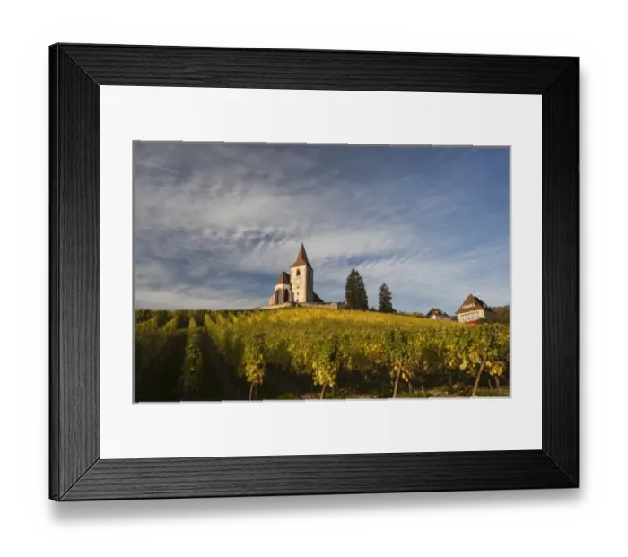 Framed Print : France, Haut-Rhin, Alsace Region, Alsatian Wine Route, Hunawihr, town church, autumn Framed Print : France, Haut-Rhin, Alsace Region, Alsatian Wine Route, Hunawihr, town church, autumn