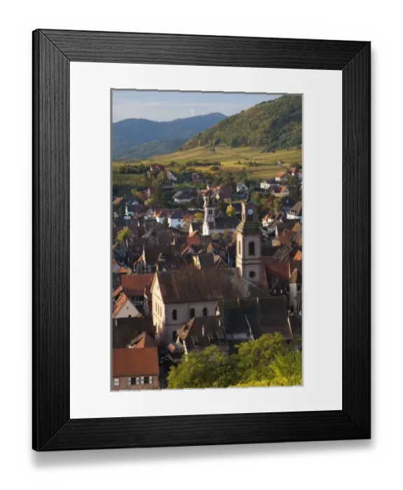 Framed Print : France, Haut-Rhin, Alsace Region, Alsatian Wine Route, Riquewihr, town view, dawn, autumn