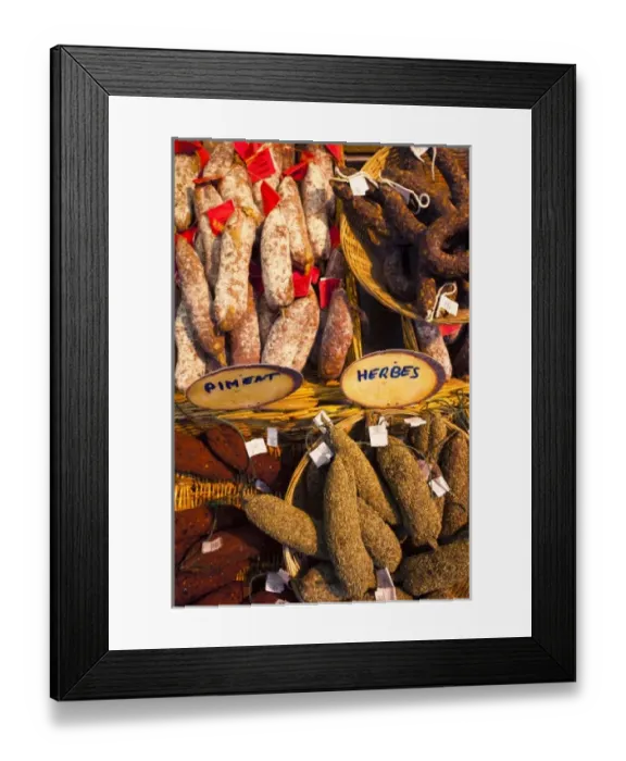 Framed Print : France, Aquitaine Region, Dordogne Department, Sarlat-la-Caneda, covered market, sausages Framed Print : France, Aquitaine Region, Dordogne Department, Sarlat-la-Caneda, covered market, sausages