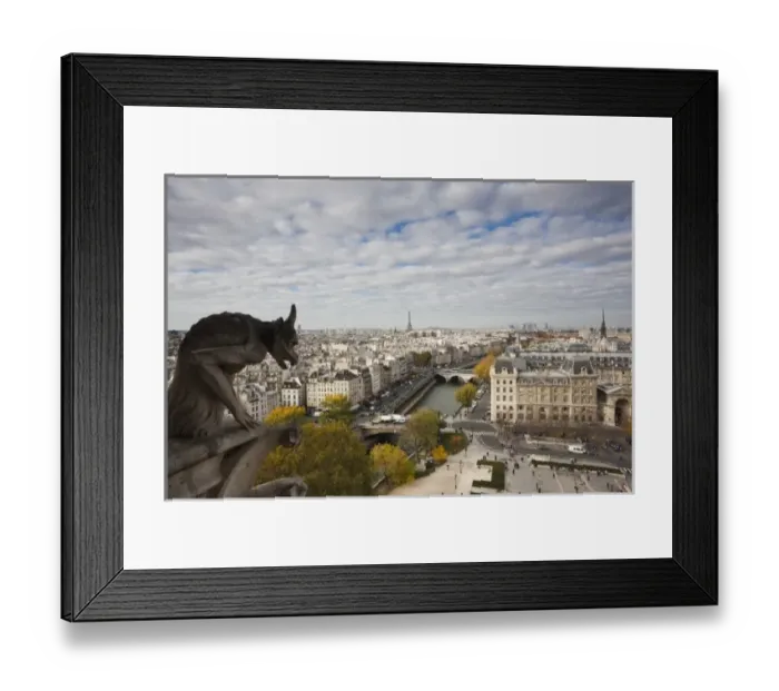 Framed Print : France, Paris, elevated city view from the Cathedrale Notre Dame cathedral with gargoyles Framed Print : France, Paris, elevated city view from the Cathedrale Notre Dame cathedral with gargoyles