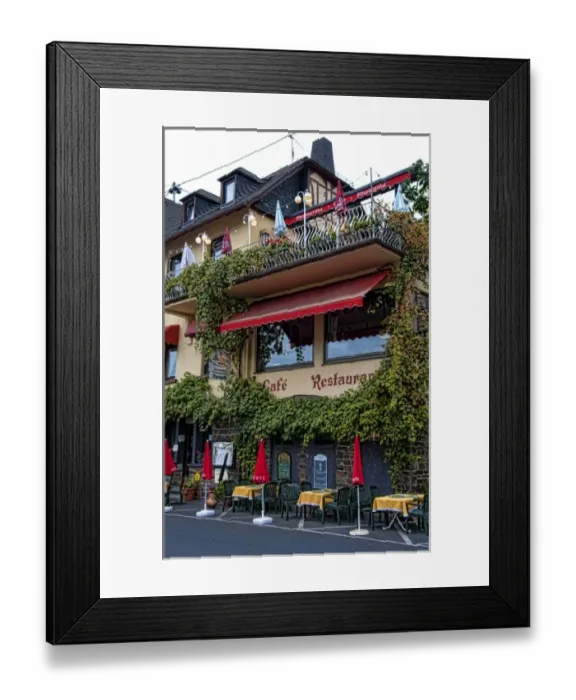 Framed Print : St Goar, St Goarhausen, Germany. Wine country village Restaurant Rheingold on Rhine River
