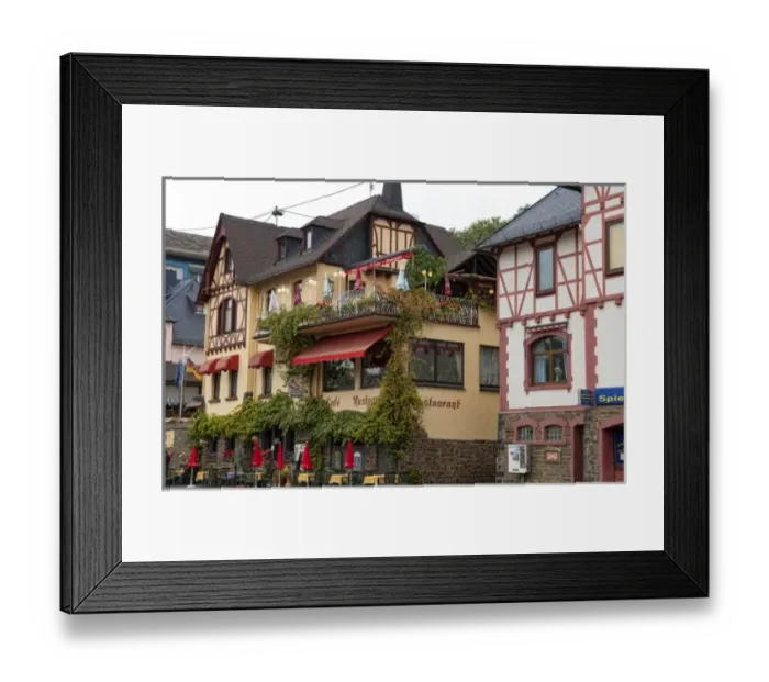 Framed Print : St Goar, St Goarhausen, Germany. Wine country village Restaurant Rheingold on Rhine River Framed Print : St Goar, St Goarhausen, Germany. Wine country village Restaurant Rheingold on Rhine River